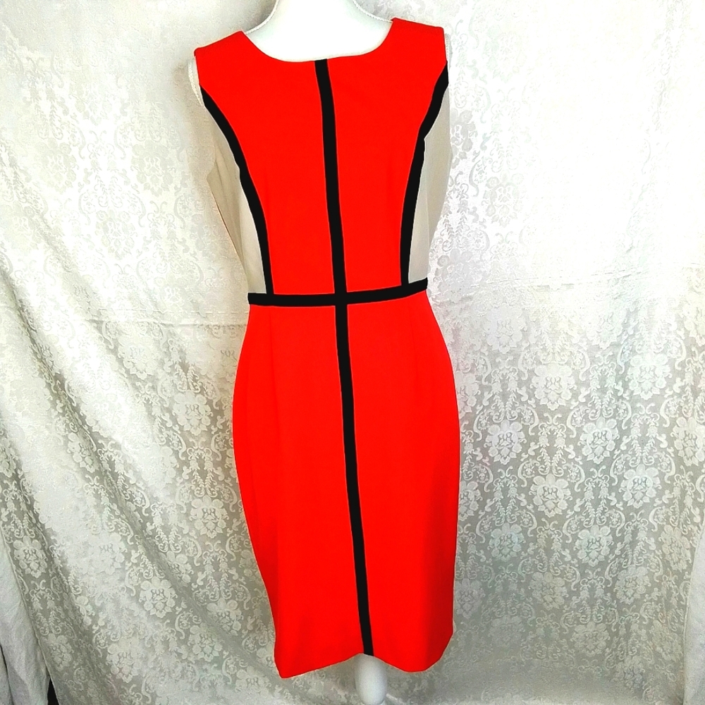 Calvin Klein red beige black colorblock fitted sleeveless dress size 8